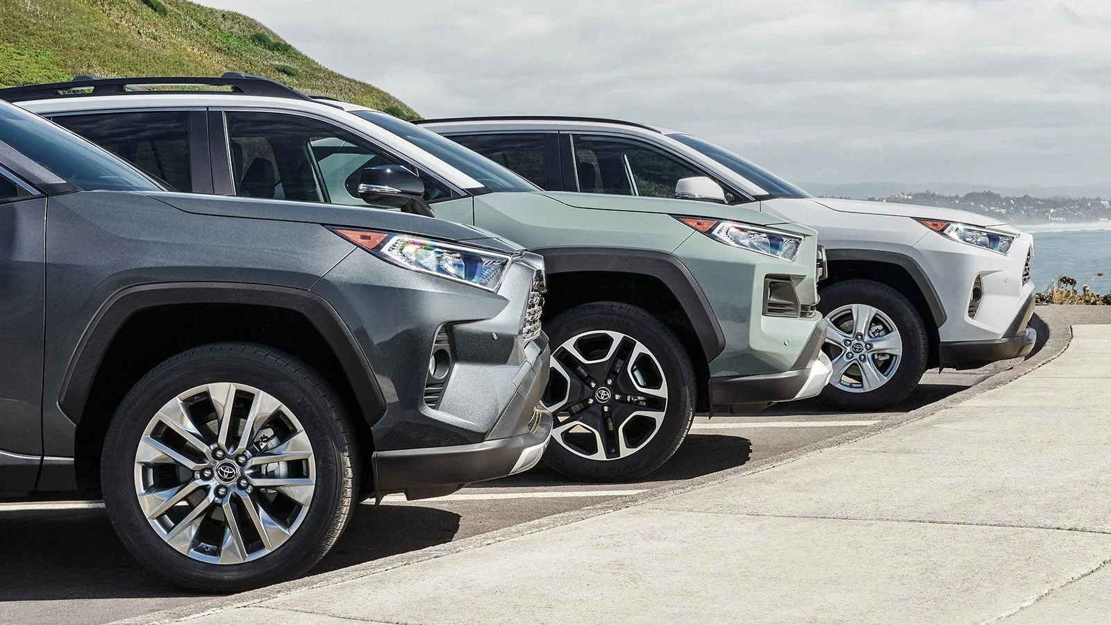 Three SUVs in dark grey, light green, and white parked in a row overlooking the ocean.